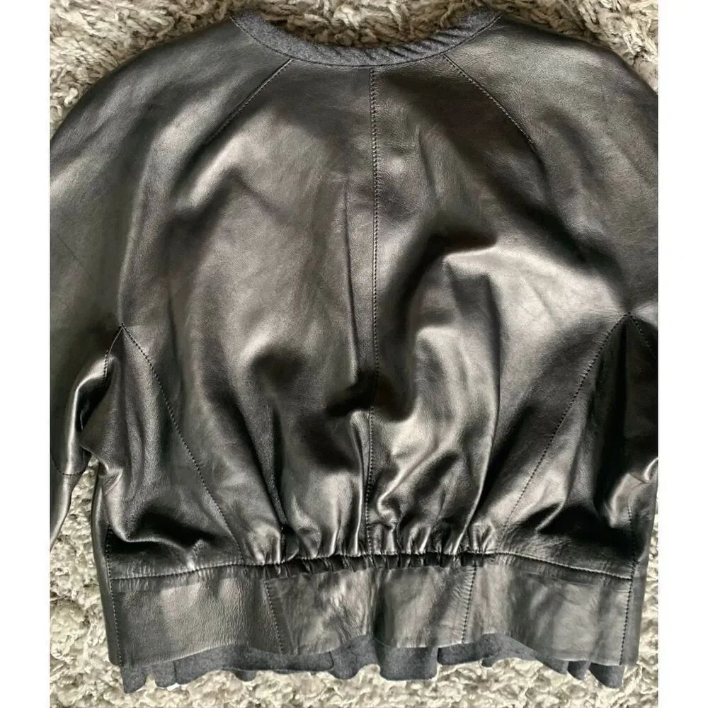 NEW NWT NINA RICCI Black Lamb Leather Zip Ruffle Crop Coat Jacket sz 42 M $3990 - Picture 12 of 13
